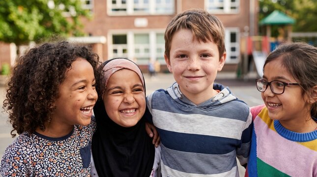 Diverse group of happy young children standing together outside their school building.