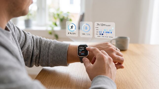 Man using smartwatch with futuristic hologram interface displaying health metrics, sleep tracking data, and fitness statistics in modern home office environment, digital wellness