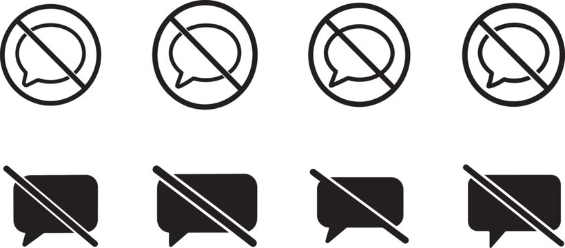 Black and white no speak icon with bold outline and line art for silence, mute, speech, and signage.