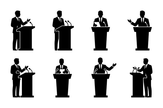 Silhouette Speaker Collection, Public Speaking Icons, Debate Podium Figures, Presentation Gestures, Business Meeting Vector Set