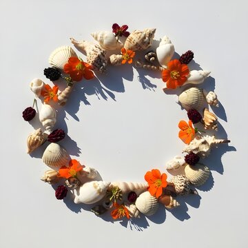 Seashells and wildflowers arranged in a circular frame on a white background