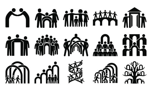 Collection of black silhouette icons depicting people connecting and forming relationships