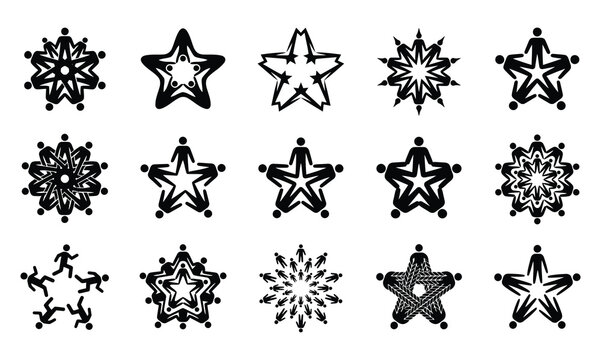 Collection of unique black starburst shapes and snowflake designs on a white background