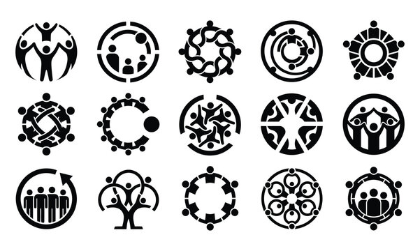 Collection of circular emblems featuring people and abstract designs in black
