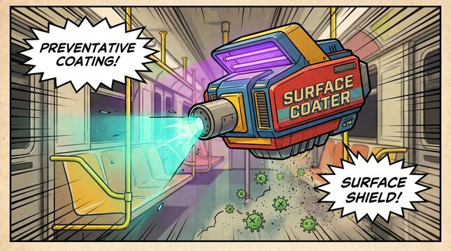 Retro comic surface coater robot sanitizing subway car, preventative coating shield, futuristic hygiene technology
