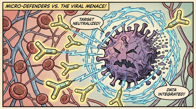 Vintage comic book illustration of micro-defenders vs viral menace, medical immune system battle, retro science art