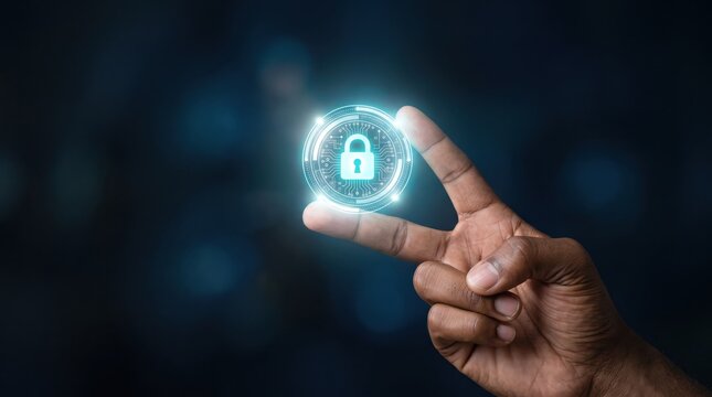 Futuristic digital security with glowing padlock icon hovering over fingers, cybersecurity protection, data encryption technology, internet safety symbol, hand gesture holding