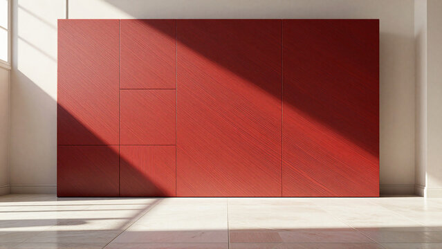Minimalist interior with a bold red accent wall and sunlight
