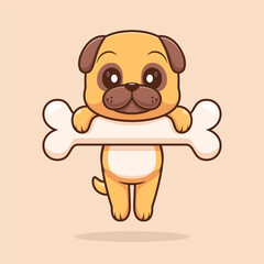 Naklejka premium Cute Pug Dog Hanging On Bone Cartoon