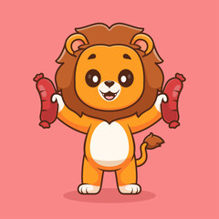 Obraz premium Cute Lion Holding Sausage Cartoon 