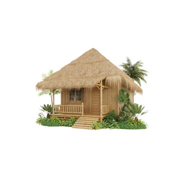 Simple thatched hut surrounded by tropical plants in bright daylight isolated on transparent background