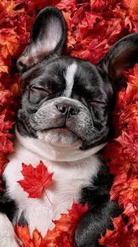 French Bulldog Relaxes on Autumn Leaves