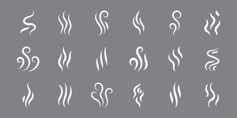Fototapeta premium Smoke and steam symbols collection with decorative swirls and vapor lines in white silhouette style. Steam icons set isolated on gray background. 