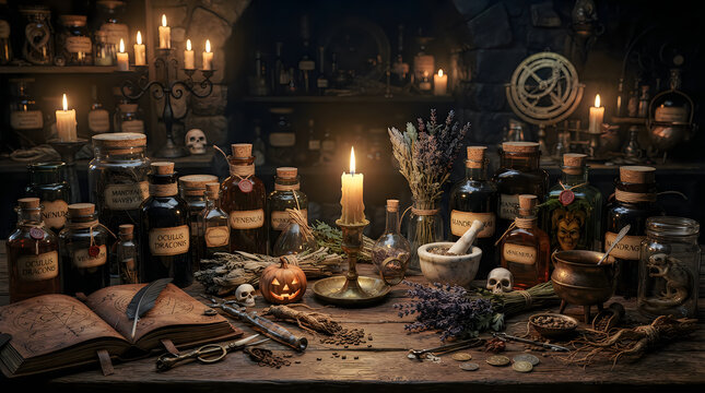 An old wooden table filled with magical potions and alchemical ingredients illuminated by the warm glow of candles