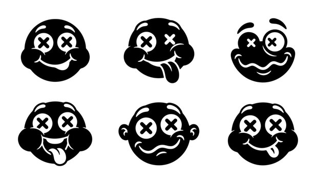 Six Black Cartoon Faces, Dead Eyes Emoticon Icons, Funny Expressions Vector Set, Graphic Elements for Design