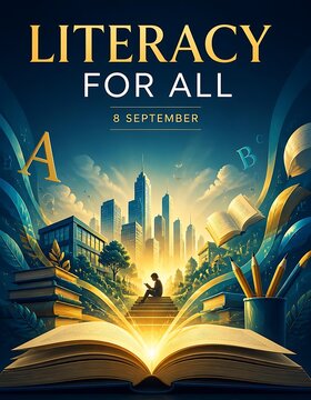 Literacy for All educational poster, International Literacy Day 8 September concept, open book with glowing city and reading silhouette isolated on Transparent Background