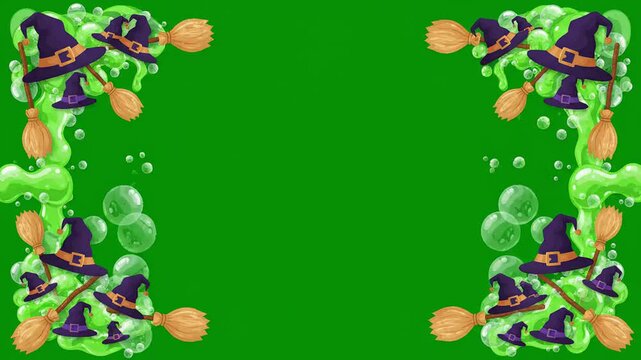 Halloween witch hat and broom border animation frame with green slime bubbles overlay element. Festive holiday motion graphic asset for chroma key video editing.
