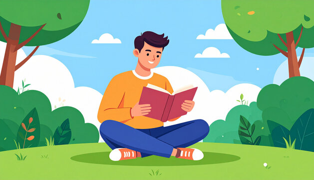 Relaxed reader sitting on grass in sunny park with a book in friendly illustration generative AI