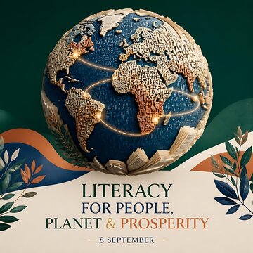 International Literacy Day poster, global education concept for people planet and prosperity, textured earth globe with book pages isolated on Transparent Background