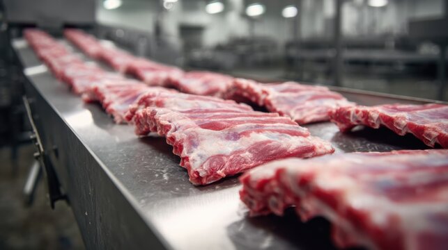 pork ribs Raw meat slabs laid out in a row on a conveyor belt inside a food processing facility.