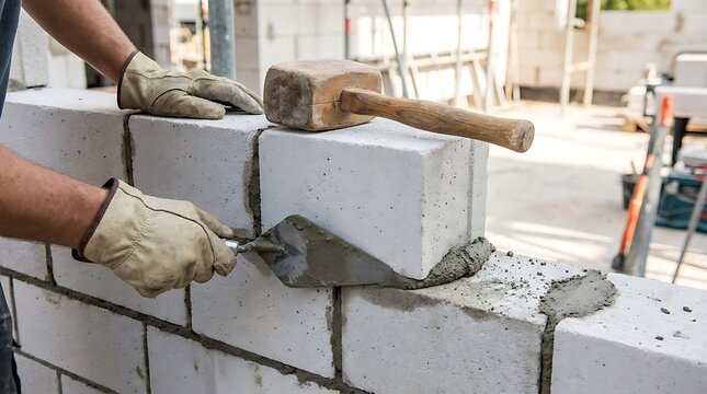 Laborer building a wall structure with aerated concrete blocks and masonry trowel at a construction site