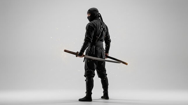 Mysterious ninja warrior in traditional black costume holding katana sword, martial arts fighter pose, Japanese samurai culture, stealth assassin character, historical weapon
