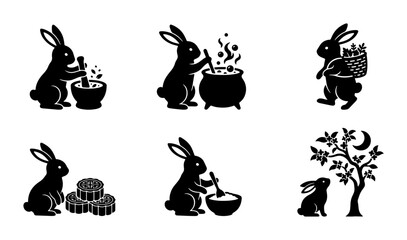 Obraz premium Charming Rabbit Icons Set, Festive Mooncake Festival Symbols, Cute Bunny Illustrations for Holiday Design, Vector Graphics