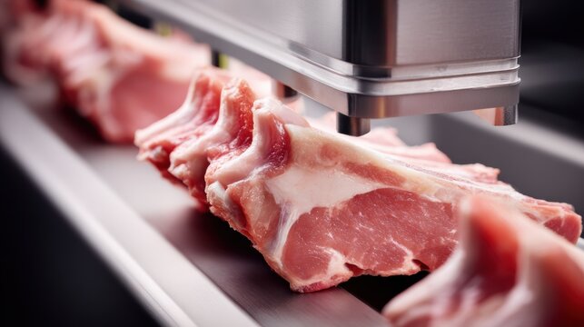 pork ribs Raw lamb chops lined up on a conveyor belt in a meat processing facility.