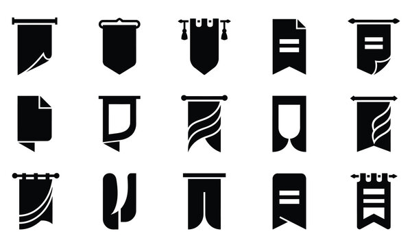 Collection of vintage heraldic pennants and flags in a simple black silhouette style