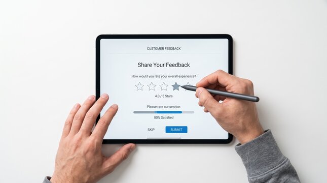view of customer hand using stylus pen to give positive feedback rating stars on tablet screen, sharing opinion about service quality, satisfaction survey interface, five star