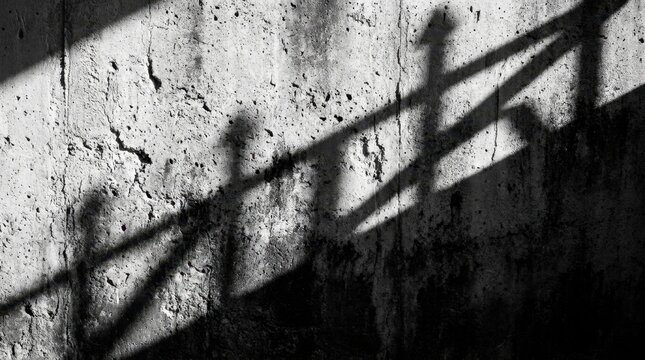 Shadows of a fence cast on a textured concrete wall in black and white.