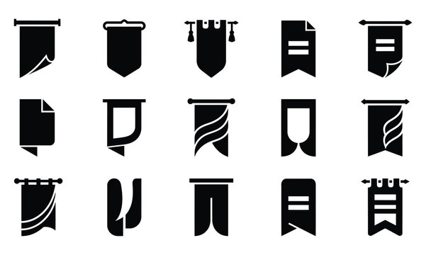 Collection of black and white heraldic banners and flags with various designs