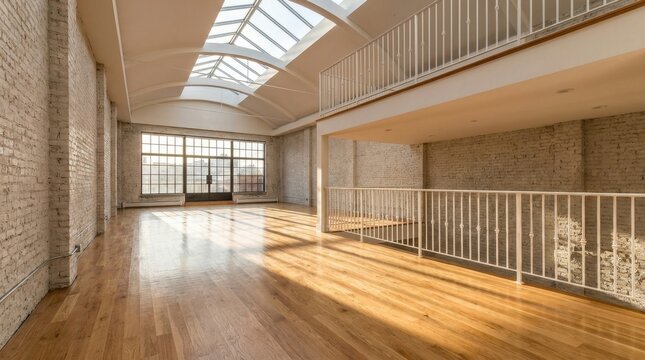 Spacious loft apartment with large windows and skylights flooded with natural light.