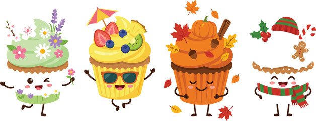 Fototapeta premium Cute Four Seasons Cupcake Kawaii Character Set with Cartoon Sweet Desserts Representing Spring Summer Autumn and Winter Holiday Celebration Graphic Designs