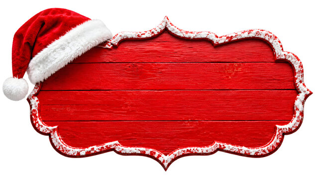 Red wooden Christmas sign vector frame with Santa hat isolated on white background. Snow-dusted border offers empty space for text. Ideal template for holiday promotional banners.