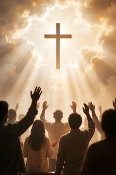 christian worship with raised hands beneath a cross surrounded by heavenly light