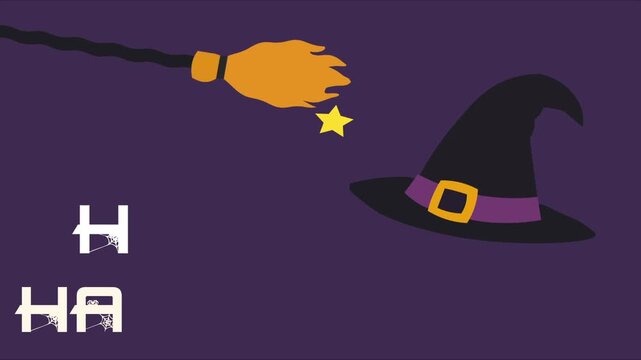 Animated Happy Halloween Typography Banner with Witch Hat, Broomstick, and Magic Star on Dark Purple Background