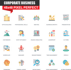 Fototapeta premium Business Icons Set With Flat Design Representing Corporate Concepts And Workplace Elements