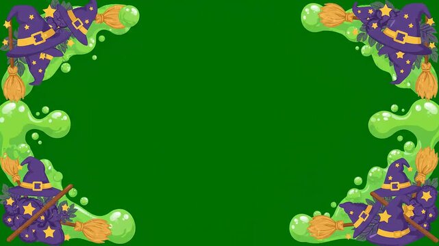 Halloween witch hat and broomstick animated border frame with green slime bubbles overlay for spooky celebration event video composition and chroma key effects