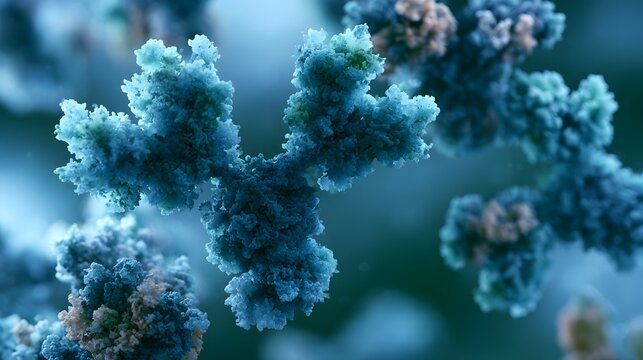 A detailed view of a Y shaped molecular structure with textured surface and blue green colo n against a blurred background