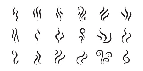 Fototapeta premium A set of black steam or smoke icons isolated on a white background for design projects. Stylized black smoke curls and steam swirls vector icons set. Eps10.