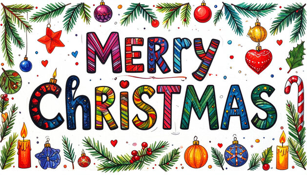 Cheerful hand painted Christmas doodle lettering framed by scribbled candles baubles and canes generative AI