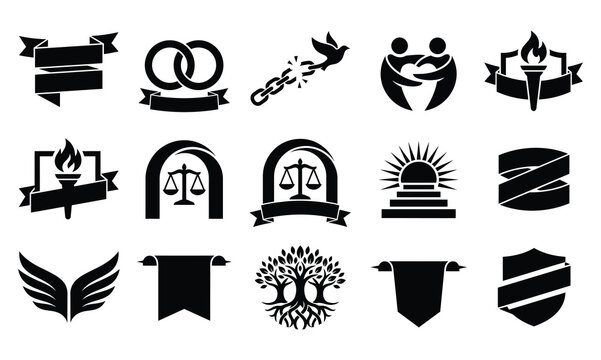 Collection of vintage heraldic emblems and symbols representing law love and power