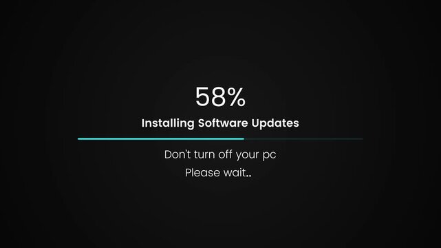 Software update progress bar screen with text percentage animation isolated on black background