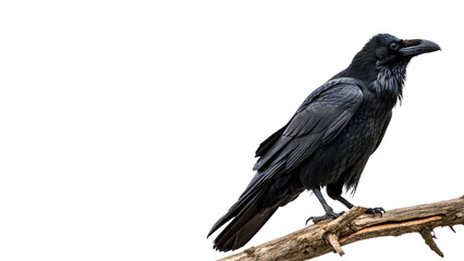Fototapeta premium Black wild crow raven bird sitting on tree branch isolated on transparent background