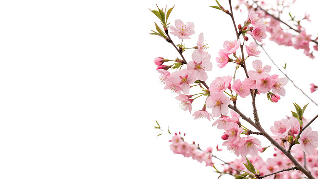 Tender spring pink cherry blossom sakura flowers branch isolated on transparent background