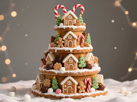 Whimsical Gingerbread Christmas Village Food Tower