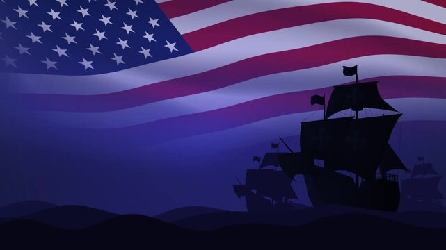 Columbus Day motion background featuring the American flag and historic sailing ships, ideal for U.S. holiday and history-themed videos.