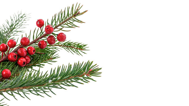 Green pine tree branch with vibrant red winter berries isolated on transparent background