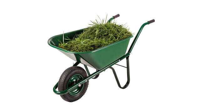 Green metallic garden wheelbarrow filled with fresh mown grass isolated on transparent background